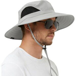 Unisex Grey 100%Polyester Wide Brim Mesh Vents With Chin Strap Fishing Sun Hat